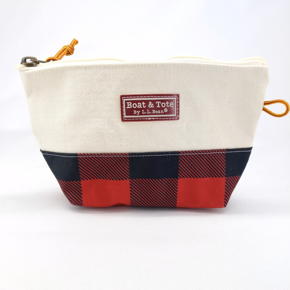 LL Bean Boat & Tote Pouch Cream Red Buffalo Plaid Canvas Zip Bag 509602